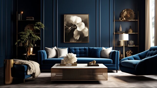 A sophisticated living room with deep blue accent walls and luxurious furnishings, the HD camera highlighting the opulence and refinement of the space.