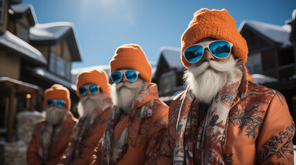 Group of small Santa’s in stylish clothing at ski resort - Christmas vacation - holiday - getaway - sunglasses - low angle shot - winter - stylish and whimsical  - obrazy, fototapety, plakaty