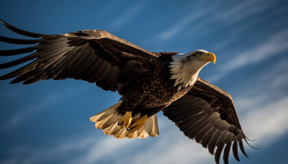 Majestic bird of prey, bald eagle, spreads wings in flight generated by AI