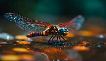 Dragonfly resting on wet leaf, vibrant colors in nature beauty generated by AI