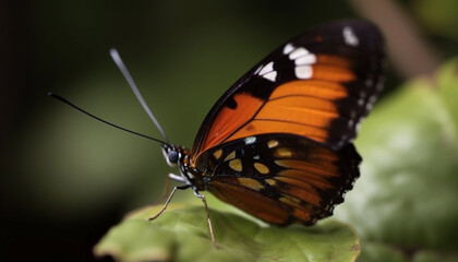 Vibrant butterfly wing in focus, pollinating a single orange flower generated by AI