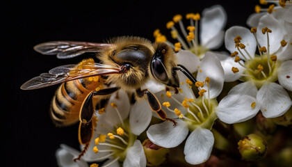 Busy honey bee pollinates single flower, collecting pollen for hive generated by AI