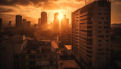 Modern city skyline illuminated by sunset, reflecting on skyscraper windows generated by AI