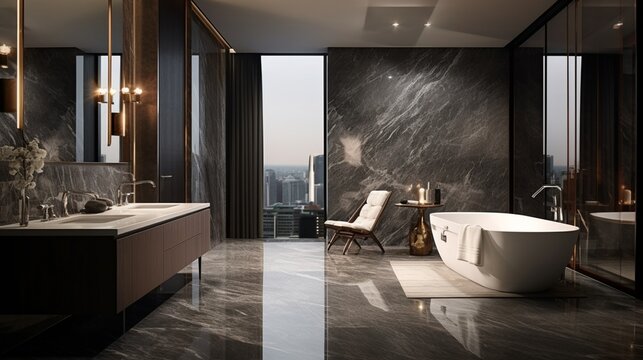 A stylish bathroom with marble-clad interior walls, the high-definition camera showcasing the luxurious materials and elegant simplicity of the space.