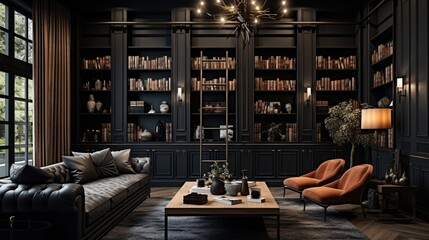 A stylish home library with built-in bookshelves and dark accent walls, the high-resolution camera capturing the coziness and intellectual ambiance.