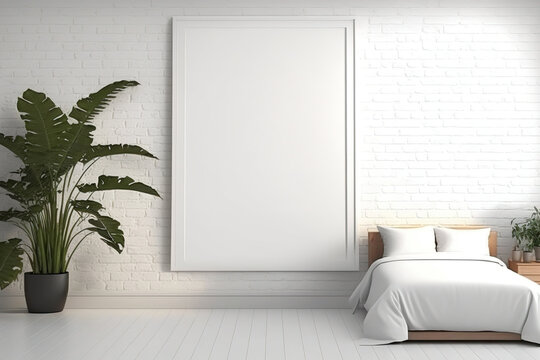 a giant indoor plant on the floor and an empty poster in the bedroom. White carpet with a brick wall. Illustration template for images like paintings, pictures, and inscriptions. Generative AI