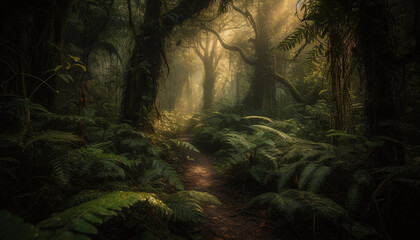 Tranquil footpath winds through spooky, mysterious tropical rainforest at night generated by AI - obrazy, fototapety, plakaty