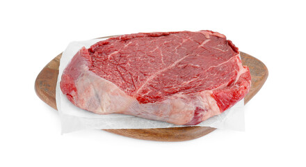 Wooden board with piece of raw beef meat isolated on white