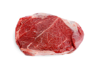 Piece of raw beef meat isolated on white, top view