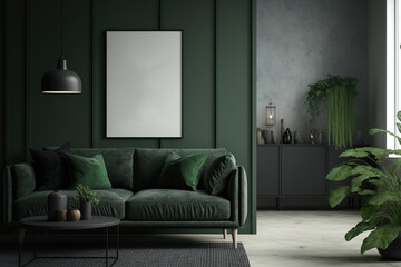 Corner view of dark Scandinavian living room with green couch on concrete floor and empty framed poster on wall. Modern cozy flat. Mockup. Generative AI