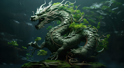 Fototapeta na wymiar chinese green tree dragon according to the eastern calendar, generative ai