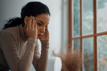 Depressed young Black woman with mental health problem in mind need crucial treatment from overthinking fatigue girl, disruptive thought, dissocial, anxiety and other mental health disorders . - obrazy, fototapety, plakaty