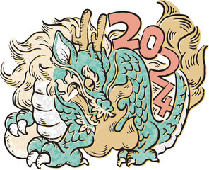 2024　干支　墨絵　版画　日本画　辰年　辰　龍　たつ　タツ　竜　年賀状素材　イラスト素材