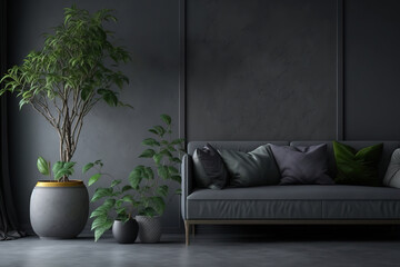 dark interior with sofa and plants. Generative AI