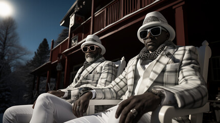 Men relaxing at a ski resort in stylish winter fashion - blue skies - vacation - Christmas - winter - holiday - getaway - low angle shot  - obrazy, fototapety, plakaty