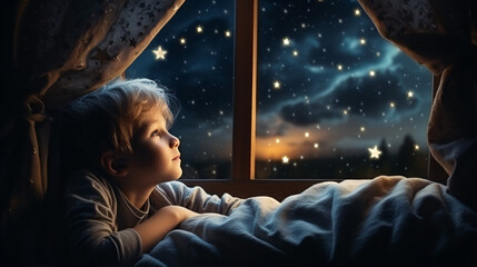 Boy sleeping and looking at the stars and the moon through the window. Magical and dreamlike image. Christmas and wise men concept. - obrazy, fototapety, plakaty