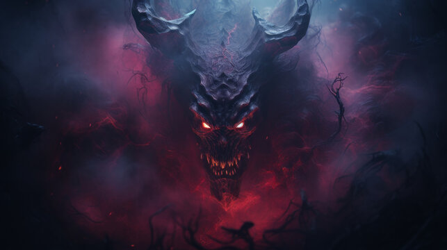 Flaming demon. Devil in the flames of fire. Fiery monster. Scary Fantasy monster. Terrible Fire Demon from hell. Red glowing eyes. Lord of Hell. Satan.