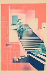 Vintage photo collage — Architectural design poster, with modern trendy style, tropical pastel colors, and architectural detail, staircase, railing, indoor plants