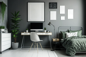 Graphics in frame on empty grey wall of stylish bedroom interior with single metal bed and desk with all-in-one PC. Generative AI