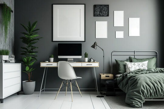 Graphics In Frame On Empty Grey Wall Of Stylish Bedroom Interior With Single Metal Bed And Desk With All-in-one PC. Generative AI