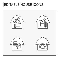 House line icons set. Householding, workplace and places for relaxations. Building concept. Isolated vector illustration. Editable stroke
