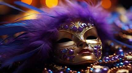 A Mardi Gras mask with beads and feathers. Generative AI. 