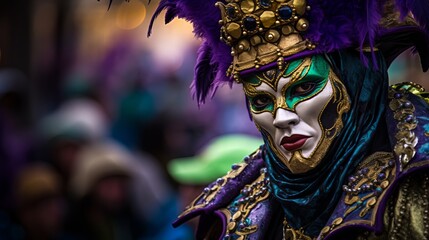 A person in a Mardi Gras mask with beads and feathers. Generative AI. 