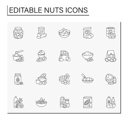  Nuts line icons set. Tasty and healthy snacks. Ingredients for food preparation.Balanced nutrition concept. Isolated vector illustration. Editable stroke