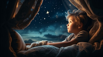 Boy sleeping and looking at the stars and the moon through the window. Magical and dreamlike image. Christmas and wise men concept.