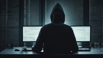a hacker in a hooded sweatshirt is at a computer desk with two monitors - obrazy, fototapety, plakaty