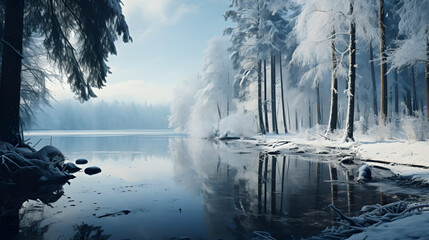 Frozen Reflections, Tranquil Winter View by the Lakeside