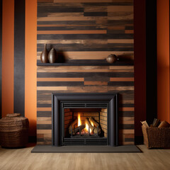  a cozy fireplace on a brown 
