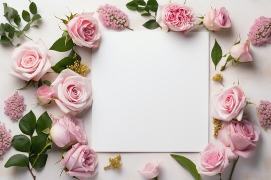 Frame made of pink roses with Black Paper on white background, top view, copy space, Ai Generated