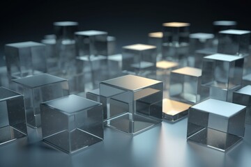 Translucent cubes aligned on futuristic grey background. 3D rendered. Generative AI