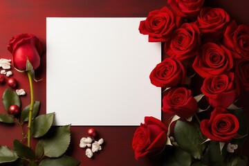 Red roses and white card on red wooden background with copy space, Ai Generated