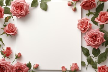 Obraz na płótnie Canvas Top view of blank white paper with pink roses and green leaves on white background, Ai Generated