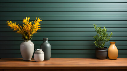 Mock up poster frame in kitchen interior and accessories with dark green wooden slatted wall 
 - obrazy, fototapety, plakaty