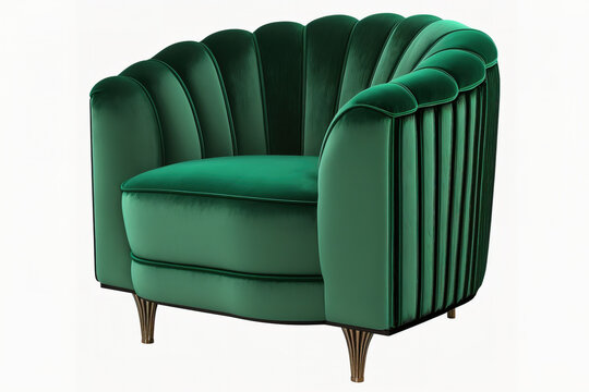 recommend clip art: Stunning art deco armchair in green velvet with black and nickel legs, isolated on a white background. many furniture types. Generative AI