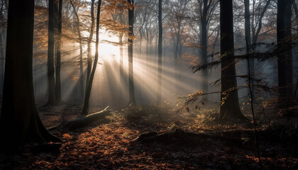 Naklejka premium Tranquil scene of autumn forest, mystery in foggy wilderness generated by AI