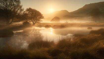 Fototapeta premium Tranquil scene of nature beauty at sunset over mountain range generated by AI