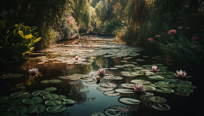 Tranquil scene of lotus water lily in green pond reflects beauty generated by AI