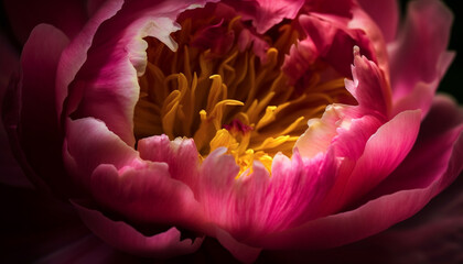 Vibrant peony blossom, pink and yellow petals, nature elegance generated by AI
