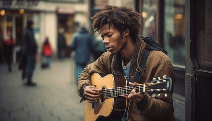 Young adult guitarist playing acoustic guitar outdoors in city life generated by AI
