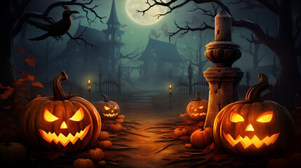 Halloween pumpkin head jack lantern with burning candles, Spooky Forest with a full moon and wooden table, Pumpkins In Graveyard In The Spooky Night