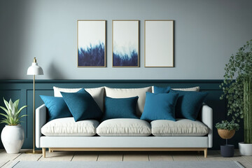 A contemporary living room features blue pillows and cushions on sofas with blank frames. Generative AI