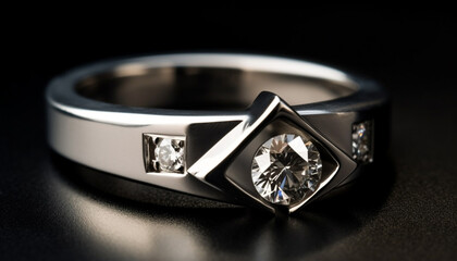 Shiny platinum wedding ring with diamond, on black background generated by AI