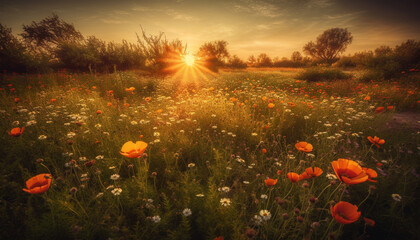 Fototapeta na wymiar Vibrant wildflowers bloom in tranquil meadow at summer sunset generated by AI