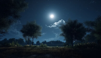 Fototapeta na wymiar Night sky, tree silhouette, moonlight, stars, Milky Way, mysterious beauty generated by AI
