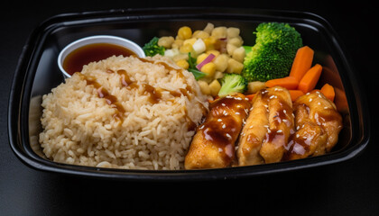 Healthy meal  steamed vegetables, grilled chicken, fried rice, fresh salad generated by AI