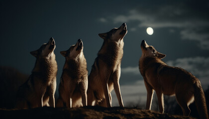 Cute puppy sitting in nature, looking at the sunset generated by AI